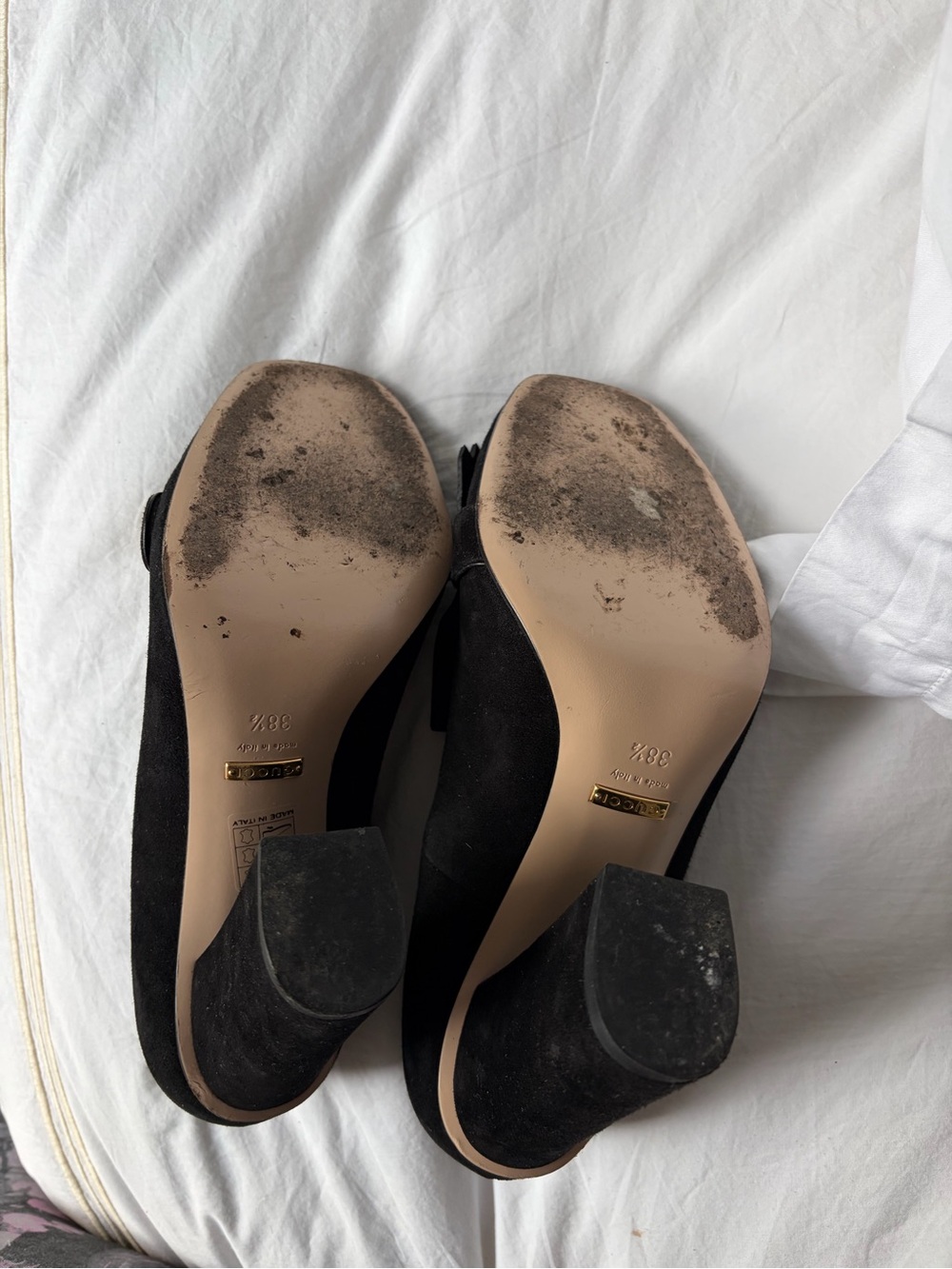 Gucci Authentic Black Suede Block Heel Loafers with Gold GG Accent - Picture 6 of 7
